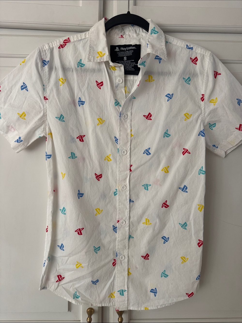Sony White Short-Sleeve Button-Up Shirt with Multicolor Logos